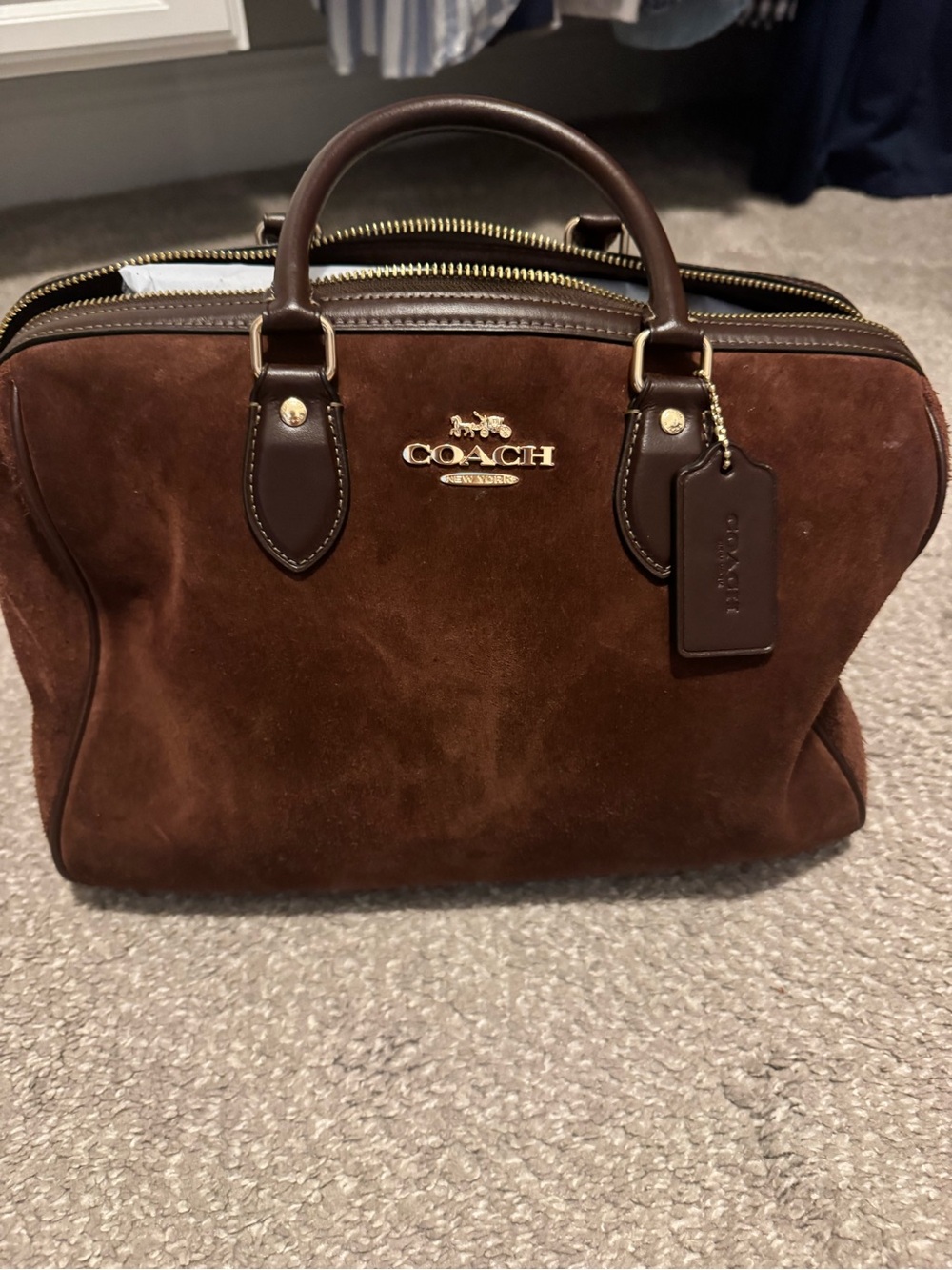 Coach Brown Suede Satchel with Leather Trim and Gold Hardware